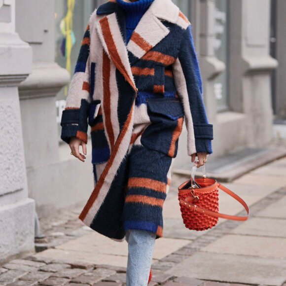 ASOS Fuzzy Mohair Poly Blend Long Coat Colorblock Snap Front Cozy Lined size 12 - Picture 2 of 16